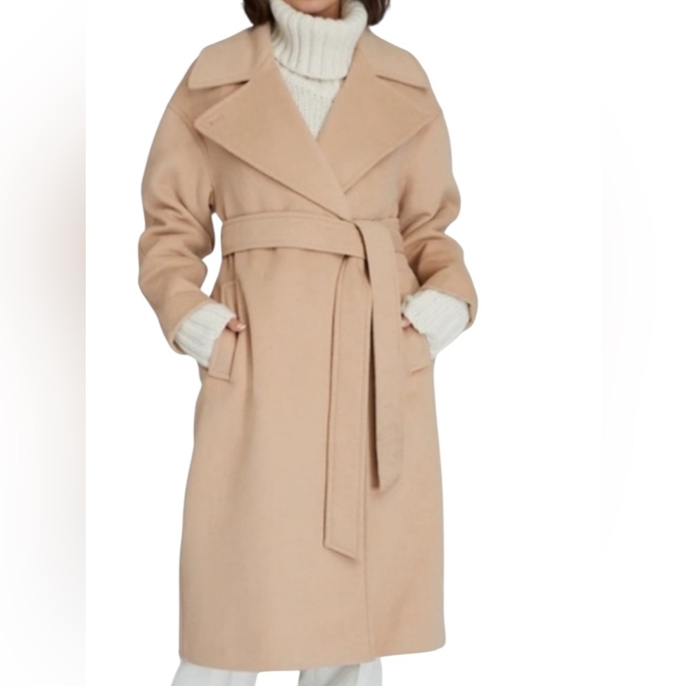 New $498 Club Monaco Tie Wrap Wool Trench Winter Coat light Camel Women XS